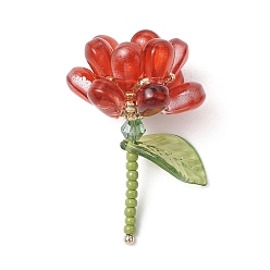 Красный Прозрачные стеклянные подвески, цветок, с круглой бусиной из перламутрового стекла и 304 петлей из нержавеющей стали, красные, 36x29x24 мм, отверстие : 1.6 мм