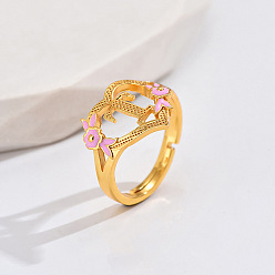 Letter T Регулируемые кольца для пальцев с латунным жемчугом и розовой эмалью в форме сердца и цветка, без кадмия, без никеля и без свинца, золотые, Письмо T, 14 мм, внутренний диаметр: 17 мм