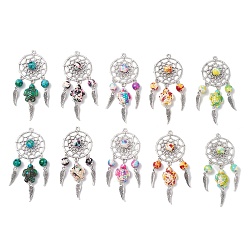 Античное Серебро Тканая сетка / паутина с подвесками из перьевого сплава, с подвесками из синтетических бирюзовых бусин, античное серебро, 71x28.5x9 мм, отверстие : 1.8 мм