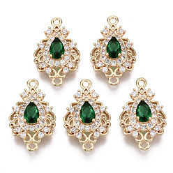 Морско-зеленый Соединители из латуни с микропаве и кубическим цирконием, со стеклом, долговечный, слеза, золотой свет, цвета морской волны, 20x12x5 мм, отверстие : 1.4 мм