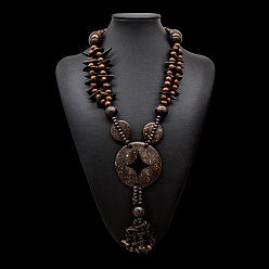 Кокосово-Коричневый Ожерелье в стиле бохо из кокоса и дерева ручной работы в этническом стиле с подвеской в виде пончика, длинными кисточками и бусинами для пляжного отдыха., кокосового коричневый, 31.50 дюйм (80 см)