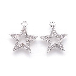 Платина Латунные микро проложить кубического циркония подвески, долговечный, звезда, прозрачные, платина, 17x15x2 мм, отверстие : 1.4 мм