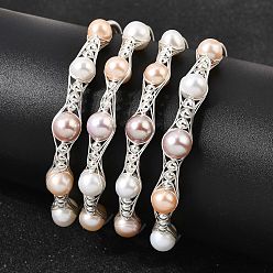 Серебро Браслеты-манжеты для женщин, обмотанные латунной проволокой и украшенные натуральным жемчугом., круглые, серебряные, внутренний диаметр: 2.36 дюйм (6 см)