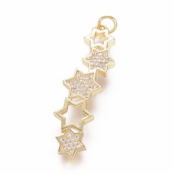 Golden Brass Micro Pave Cubic Zirconia Pendants, with Jump Ring, Cadmium Free & Lead Free, Star, Clear, Golden, 39x11x3mm, Hole: 3mm