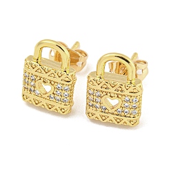Lock Brass Micro Pave Cubic Zirconia Ear Studs, Real 18K Gold Plated, Lock, 12x9mm