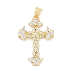 Настоящее золото 18K Латунные микропаве прозрачные подвески с фианитом, крест прелести, без кадмия и без свинца, долговечный, стойки покрытие, с целью перехода в кольце, реальный 18 k позолоченный, 30.5x20.5x3 мм, отверстие : 4x3 мм