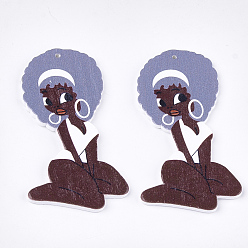 Hellstahlblau Gedruckte große Holzanhänger, gefärbt, Mädchen, hellstahlblau, 67.5x37x2.5 mm, Bohrung: 1.5 mm