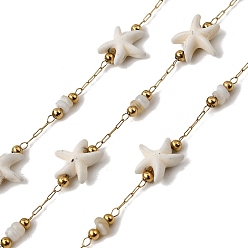 Белый Ручная работа 304 звенья цепи из нержавеющей стали с имитацией бирюзы в виде морской звезды, пайки, с 316 цепями из нержавеющей стали, катушкой и окрашенной оболочкой, ионное покрытие (ip), реальный 18 k позолоченный, белые, бисер: 10x10x4 мм & 5x3.5 мм