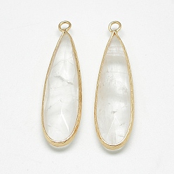 Quartz Crystal Natural Quartz Crystal Pendants, Rock Crystal, with Golden Tone Brass Findings, Faceted, teardrop, 40~42x11~12x6~7mm, Hole: 2mm