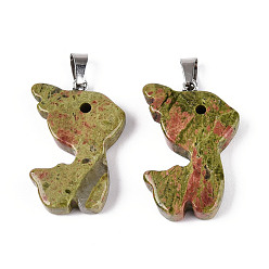 Унакит Природные подвески Unakite, подвески в виде рождественских оленей с дужками из нержавеющей стали, цвет нержавеющей стали, 33x22x6~7 мм, отверстие : 3~4x7.5~8 мм
