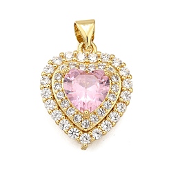 Pink Латунные микро проложить кубического циркония подвески, сердце, стойки покрытие, долговечный, без свинца и без кадмия, розовые, 19x16x8 мм, отверстие : 4x3 мм