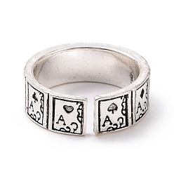 Antique Silver Rhinestone Ace of Spades Poker Pattern Open Cuff Ring, Retro Alloy Jewelry for Women, Antique Silver, US Size 7 1/4(17.5mm)