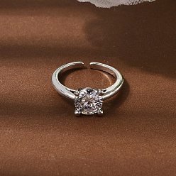 Платина Латунные микропаве кубические цирконии манжеты открытые кольца для женщин, круглые, стойки покрытие, без кадмия и без свинца, долговечный, платина, 8x8 мм, 17 мм