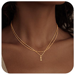 Letter I Сплав начальный кулон двухслойные ожерелья для женщин мужчин, золотые, Буква "i", 17.72 дюйм (45 см)