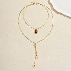 Golden Adjustable 304 Stainless Steel Pave Cubic Zirconia Red Rectangle Pendant Double Layer Lariat Necklaces for Women, Golden, 15.35 inch(39cm)