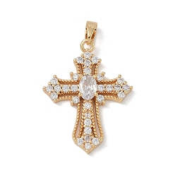 Настоящее золото 18K Стойки обшивки латунь кулон, с кубического циркония, без свинца и без кадмия, долговечный, крестик, реальный 18 k позолоченный, 27.5x20.5x4 мм, отверстие : 5x3 мм
