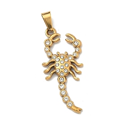Кристалл 304 подвески из нержавеющей стали, прелести скорпиона, со стразами, с кнопкой на поруки, ионное покрытие (ip), золотые, кристалл, 37x16.5x3.5 мм, отверстие : 6x3.4 мм