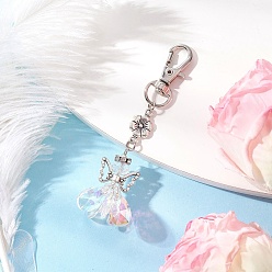 Прозрачный АВ Стеклянные подвески в виде ангела, с цветком 304 из нержавеющей стали и поворотными карабинами, ясно AB, 86~89 мм