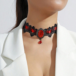 Рубин Готический сплав горный хрусталь черное кружево овальные ожерелья чокер для женщин, рубин, 13.39 дюйм (34 см)