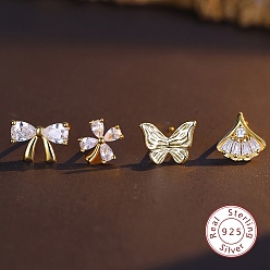 Золотой 4 шт. 4 стиль 925 комплект серег-гвоздиков из стерлингового серебра, с четким кубического циркония, бабочка, цветок, лист и бантик, золотые, 8~10 мм, 1 шт / стиль