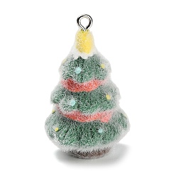 Рождественская елка Рождественские подвески из непрозрачной смолы с эффектом флокирования, с платиновыми тоновыми железными петлями, рождественская елка, 36.5x21x22 мм, отверстие : 2 мм