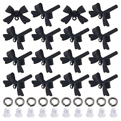 Black Alloy Stud Earring Findings, with 925 Sterling Silver Pins and Brass Jump Rings, Bowknot, Black, 11x15x4mm, Hole: 1.2mm, Pin: 0.7mm