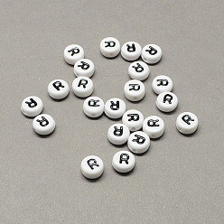 Letter R White and Black Acrylic Horizontal Hole Letter Beads, Flat Round with Letter.R, 7x4mm, Hole: 1.3mm, about 3600pcs/500g