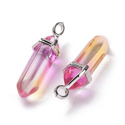 Deep Pink Faceted Bullet Glass Pointed Pendants, with Platinum Plated Brass Findings, Deep Pink, 38~39.5x12.5x10mm, Hole: 5x3mm