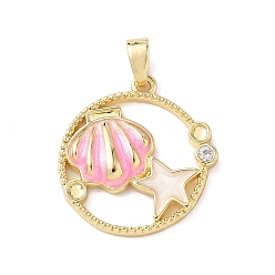 Pink Плоская круглая подвеска в форме ракушки с микропаве из латуни с прозрачными кубическими цирконами, оправа для кабошонов, с эмалью, реальный 18 k позолоченный, розовые, лоток : 1.5 мм, 20.5x19x3 мм, отверстие : 3 мм
