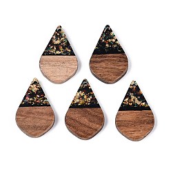 Черный Подвески из непрозрачной смолы и орехового дерева, слезинки, с блестящей пудрой и золотой фольгой, чёрные, 28x17.5x3~3.5 мм, отверстие : 1.8~2 мм