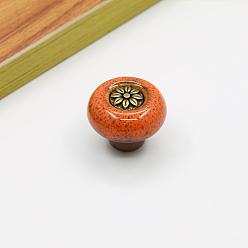 Оранжево-Красный Дверные ручки шкафа из цинкового сплава, кухонный ящик тянет ручки шкафа, плоский круглый с цветочным и леопардовым принтом, оранжево-красный, 32x26 мм