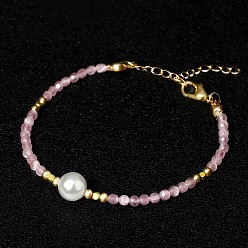 Pink Handmade White Round Shell Pearl and Faceted Round Glass Beaded Bracelets for Women, Golden, Pink, 6.30 inch(16cm)