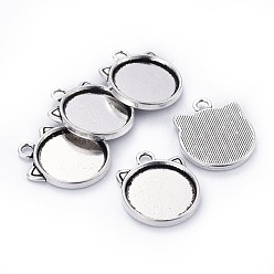 Античное Серебро Подвеска с кабошоном из сплава в тибетском стиле, голова кошки , без кадмия, без никеля и без свинца, античное серебро, лоток : 15 мм, 20.5x17x2 мм, отверстие : 2 мм