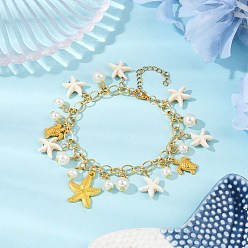 Белый Браслеты с подвесками в виде морской звезды из окрашенной синтетической бирюзы, 304 женские браслеты-цепочки из нержавеющей стали, с пластиковыми бусинами из жемчуга и подвеской в виде морской звезды и морской черепахи из сплава, золотые, белые, 7-3/4 дюйм (19.6 см)