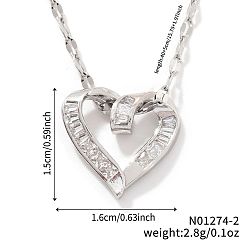 Платина Элегантные латунные ожерелья с подвеской в виде сердца из прозрачных кубических цирконий для девочек, платина, 15.75 дюйм (40 см)