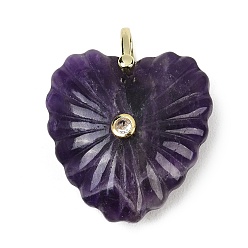 Аметист Резные подвески из натурального аметиста, подвески в форме сердца с латунной микрофиброй и фианитами, золотые, 32x30x11.5 мм, отверстие : 6x5.5 мм