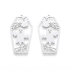 Нержавеющая Сталь Цвет Не тускнеющие подвески на Хэллоуин 201 из нержавеющей стали, лазерная резка, гроб с призраком, цвет нержавеющей стали, 45x24x1 мм, отверстие : 1.5 мм