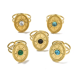 Настоящее золото 18K Ионное покрытие (ip) 304 открытые манжеты из нержавеющей стали, Овальные кольца со звездочкой на пальце из синтетического малахита и бирюзы для женщин и мужчин, реальный 18 k позолоченный, регулируемый