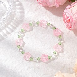 Pink Браслеты из стеклянных бусин в виде цветка сливы для женщин, розовые, внутренний диаметр: 2-1/8~2-1/4 дюйм (5.5~5.8 см)