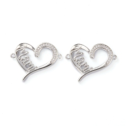 Платина Латунные микропрозрачные кубические циркониевые соединения, долговечный, день матери, сердце со словом мами, платина, 22x26x3 мм, отверстие : 1.2 мм