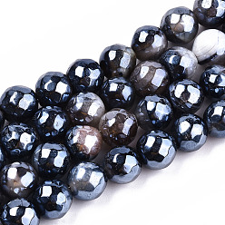 Black Electroplate Natural Agate Beads Strands, Dyed, Faceted, Pearl Luster Plated, Round, Black, 8.5x7~8mm, Hole: 1.2mm, about 47~48pcs/strand, 13.78 inch~13.98 inch(35cm~35.5cm)