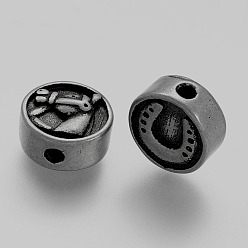 Antique Silver 304 Stainless Steel Beads, Flat Round, with Horse and Horseshoes, Antique Silver, 11x5.5mm, Hole: 2mm