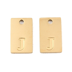 Letter J 304 Stainless Steel Pendants, Rectangle with Letter Charms, Real 18K Gold Plated, Ion Plating(IP), Letter J, 16x10x1.4mm, Hole: 1.8mm
