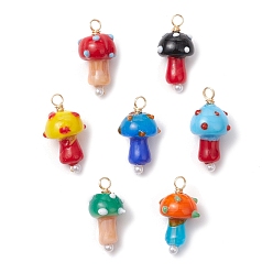 Золотой Подвески лэмпворк ручной работы, гриб, с медной проволокой и бусинами из АБС-пластика, имитирующими жемчуг, золотые, 23~23.5x11~13.5 мм, отверстие : 3 мм