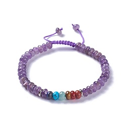 Améthyste Nylon réglable bracelets cordon tressé de perles, avec des perles d'améthyste naturelle et les accessoires en alliage, 2-1/8 pouces ~ 2-1/2 pouces (5.4~6.5 cm)