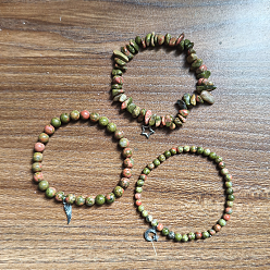 Унакит 3 браслеты из сплава и бусин из натурального унакита с подвесками, эластичные браслеты для женщин, лист, луна и звезда, 7.48 дюйм (19 см)