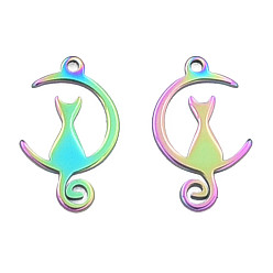 Rainbow Color Ионное покрытие (ip) 201 подвески из нержавеющей стали, Хэллоуин стиль, Луна с кошкой, Радуга цветов, 15x10x1 мм, отверстие : 1.2 мм