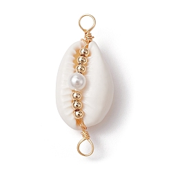 Golden Natural Shell Copper Wire Wrapped Connector Charms, with Shell Pearl Beads, Golden, 32x13x11mm, Hole: 2.8mm