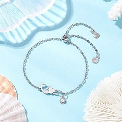 Нержавеющая Сталь Цвет 304 браслеты из тросов из нержавеющей стали, русалка 201 браслеты из нержавеющей стали с подвесками для женщин, с формой ракушки и пластиковой имитацией жемчужины, цвет нержавеющей стали, внутренний диаметр: 2-3/4 дюйм (7 см)