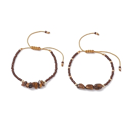 Тигровый глаз 2шт. плетеные браслеты из натурального тигрового глаза и стеклянных бусин для женщин, с нейлоновой, внутренний диаметр: 1-3/4 дюйм (4.5 см) ~ 3-1/8 дюйм (8 см)